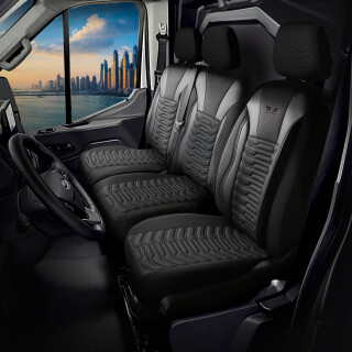 Transporter Sitzbezüge für MB Sprinter ab 2018 maßgeschneidert 2+1 Sitzbank in Schwarz Grau 1181T002A2BL